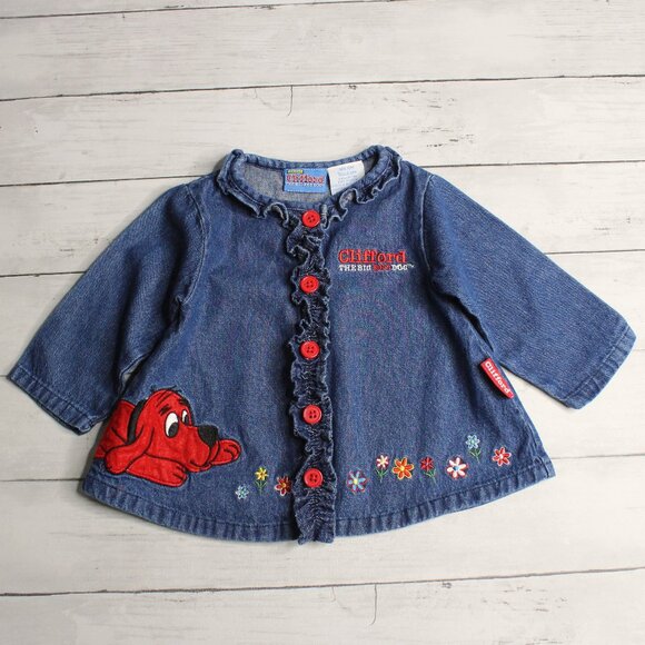 Clifford Vintage Denim Jean Jacket Top Baby Girl's Size 12 Months Big Red Dog - Picture 1 of 6